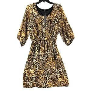 Espresso Leopard Print Flowy Cinch Waist Dress Womens 2X Scoop Neck Knee Length‎